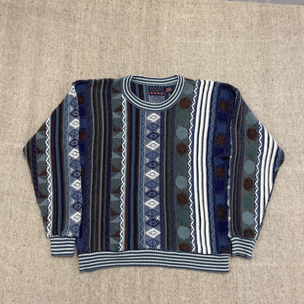 vintage American Priority Sweater mens large Blue‎ 1990s argyle